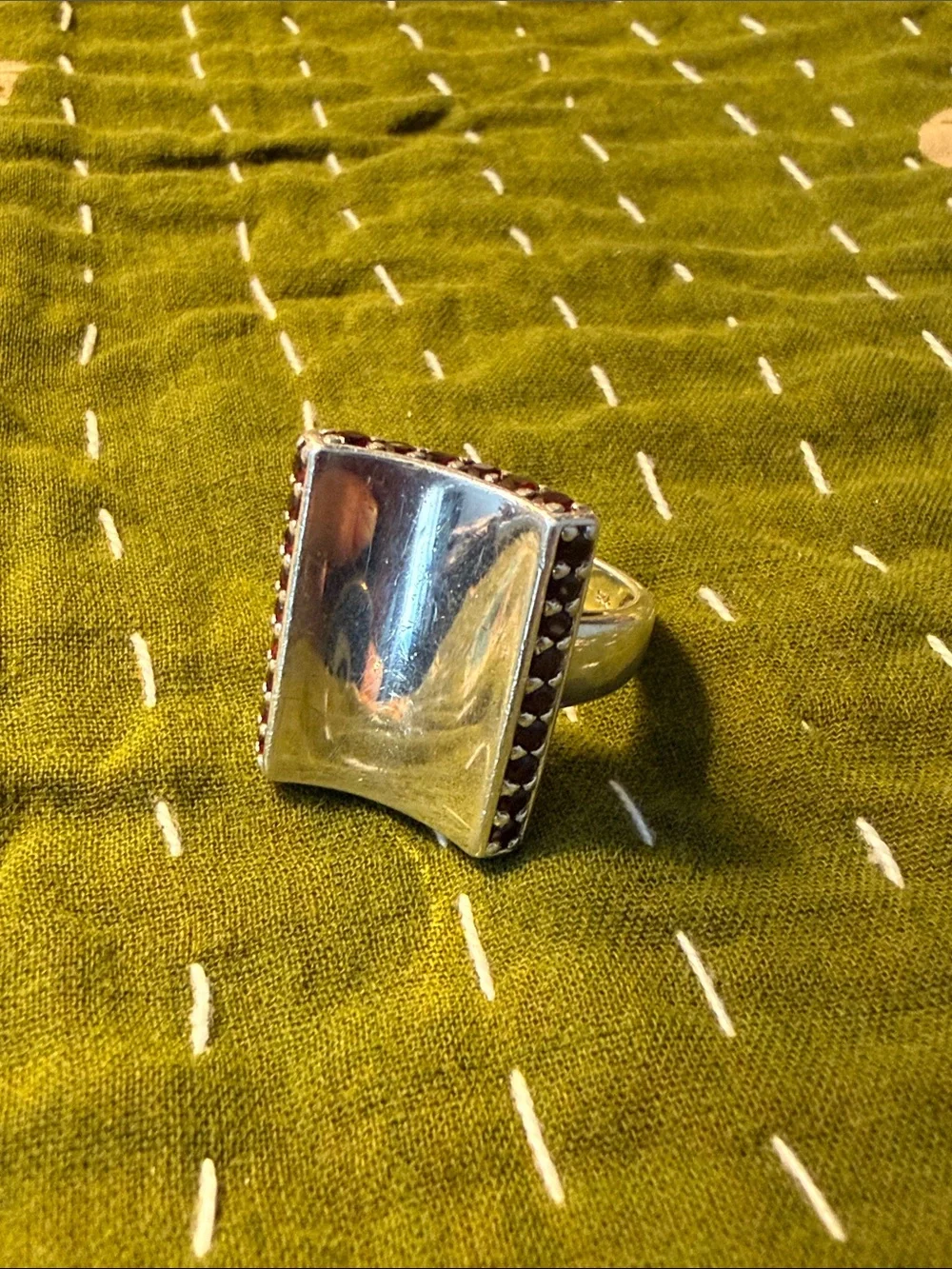 Modern Rectangular Sterling Silver Ring with Garnet Rows On Every Side